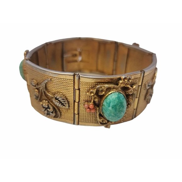 Vintage Stunning Mottled/Peking Glass Bezel Set Textured Bracelet (A2397) - Picture 2 of 13